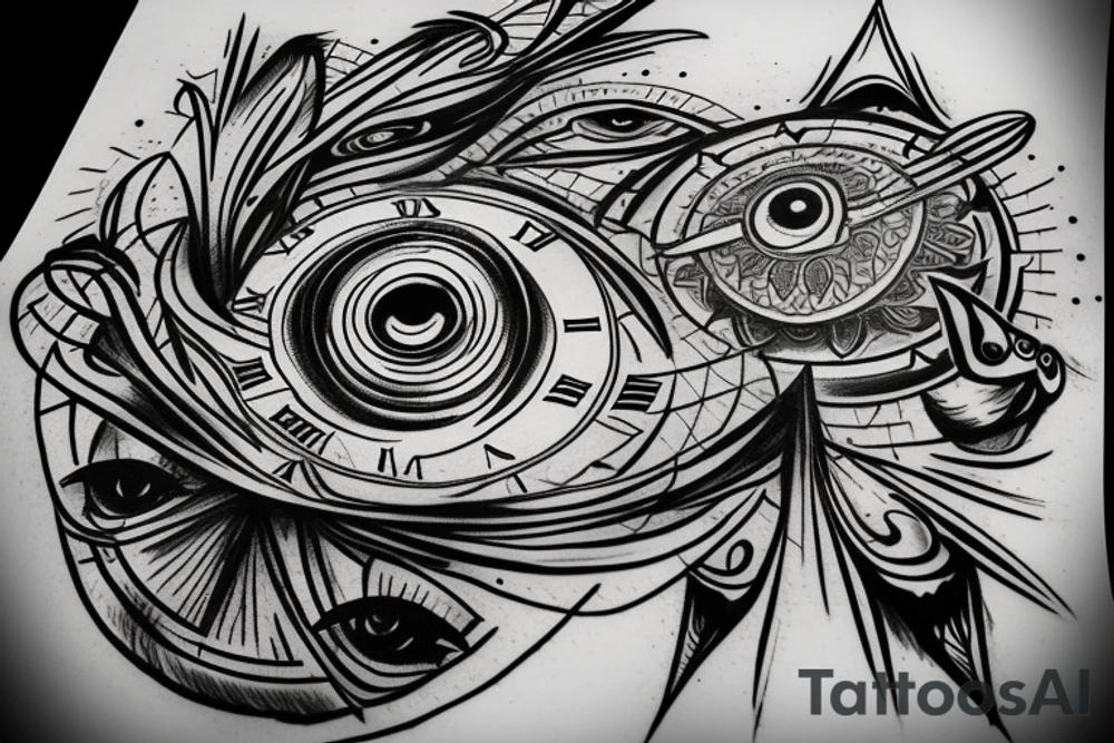 Clock with an all seeing eye and a heartbeat line tattoo idea