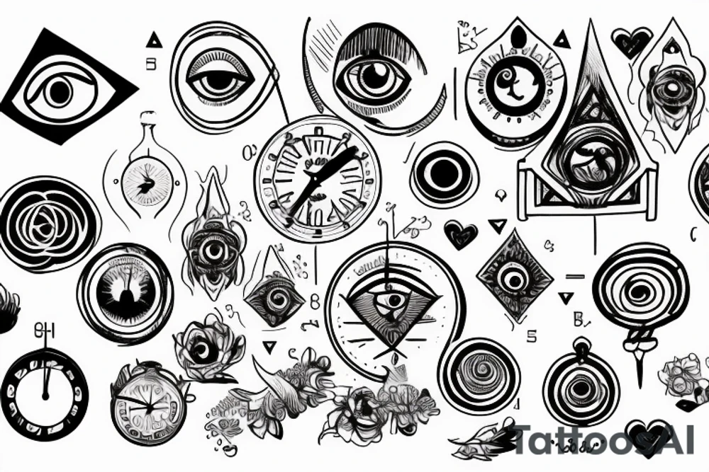 Clock with an all seeing eye and a heartbeat line tattoo idea