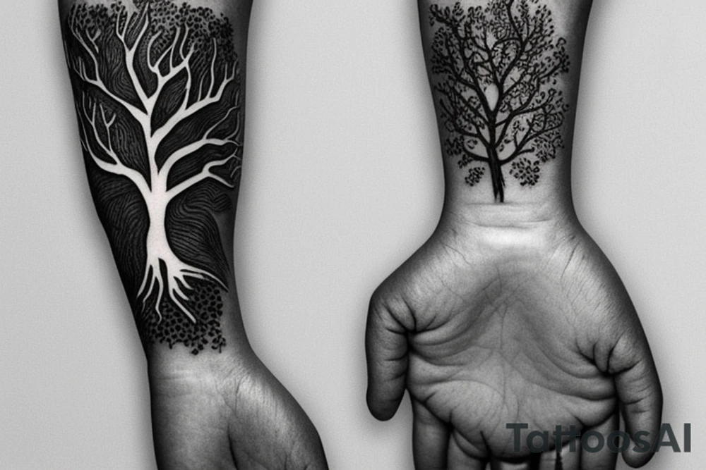 A minimalist line drawing of a tree with roots that wrap around the wrist, symbolizing growth, stability, and grounding. The tree could be stylized and simplified, with just a few lines forming the trunk, branches, and roots. tattoo idea