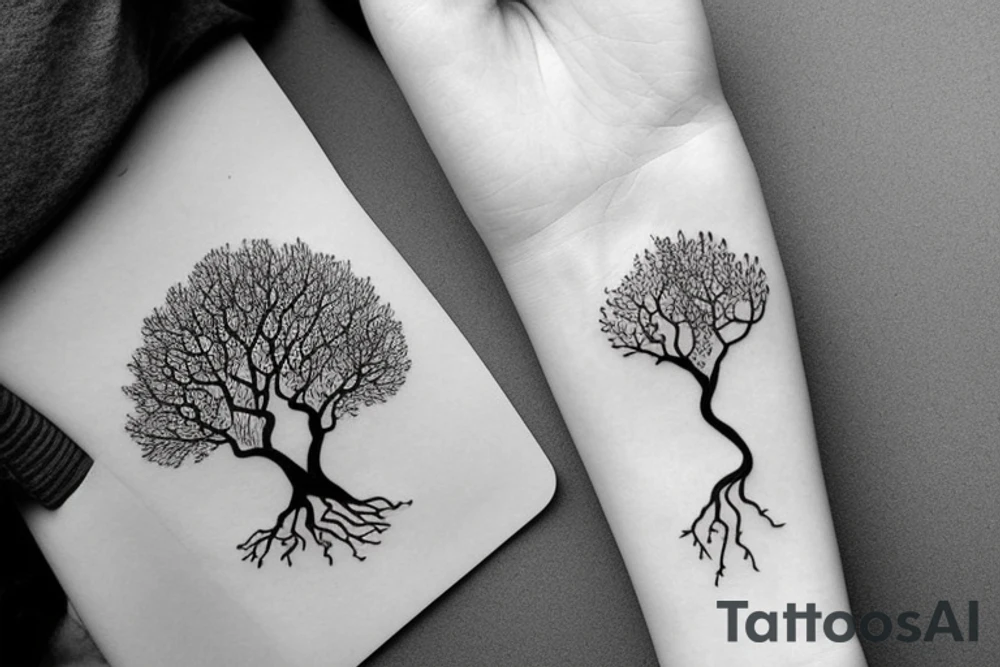 A minimalist line drawing of a tree with roots that wrap around the wrist, symbolizing growth, stability, and grounding. The tree could be stylized and simplified, with just a few lines forming the trunk, branches, and roots. tattoo idea