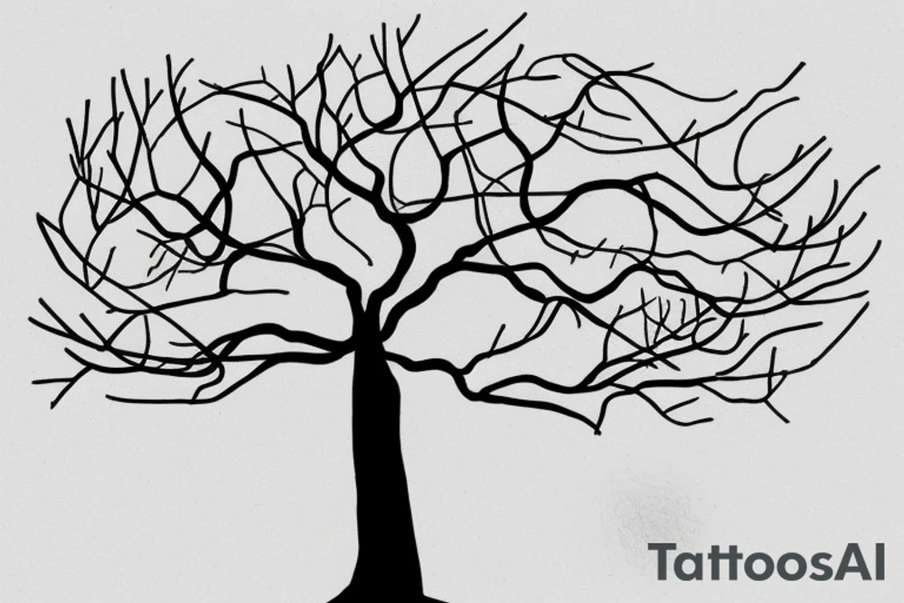 A minimalist line drawing of a tree with roots symbolizing growth, stability, and grounding. The tree could be stylized and simplified, with just a few lines forming the trunk, branches, and roots. tattoo idea