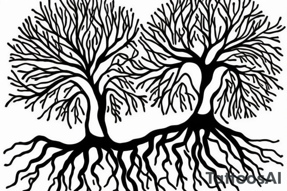 A minimalist line drawing of a tree with roots symbolizing growth, stability, and grounding. The tree could be stylized and simplified, with just a few lines forming the trunk, branches, and roots. tattoo idea