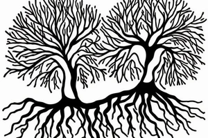 A minimalist line drawing of a tree with roots symbolizing growth, stability, and grounding. The tree could be stylized and simplified, with just a few lines forming the trunk, branches, and roots. tattoo idea