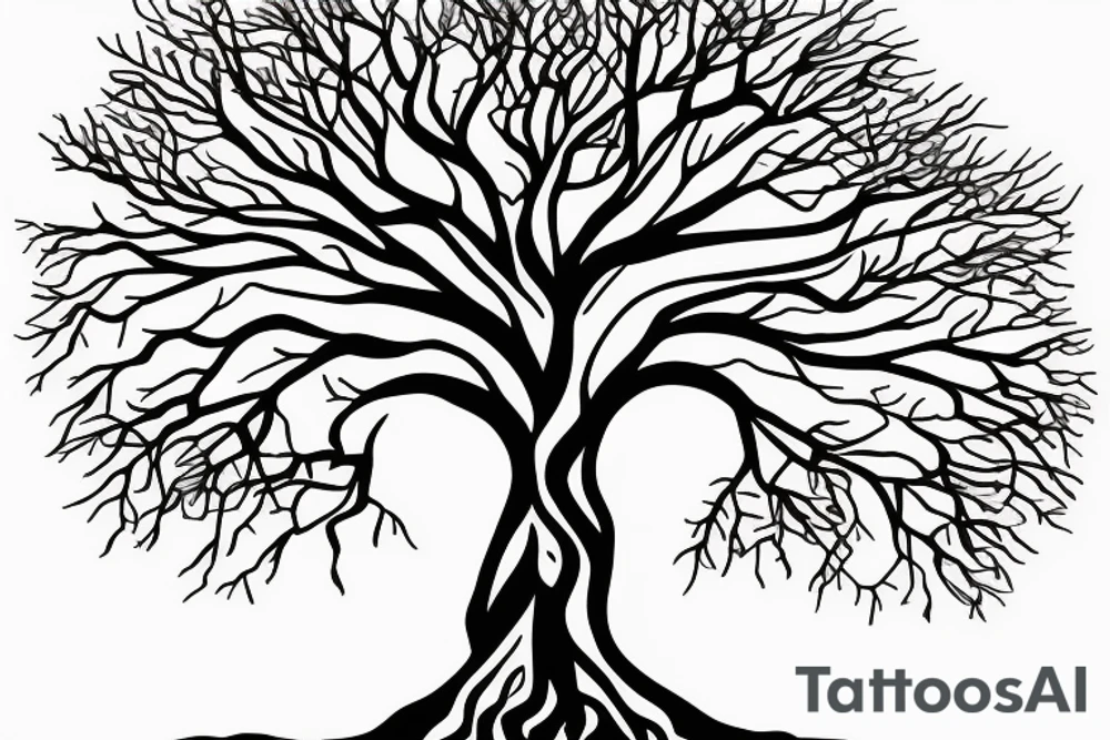 A minimalist line drawing of a tree with roots symbolizing growth, stability, and grounding. tattoo idea