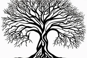 A minimalist line drawing of a tree with roots symbolizing growth, stability, and grounding. tattoo idea