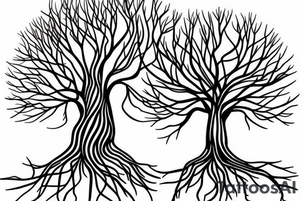 A minimalist line drawing of a tree with roots symbolizing growth, stability, and grounding. tattoo idea