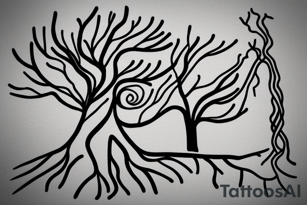 A minimalist line drawing of a tree with roots symbolizing growth, stability, and grounding. tattoo idea