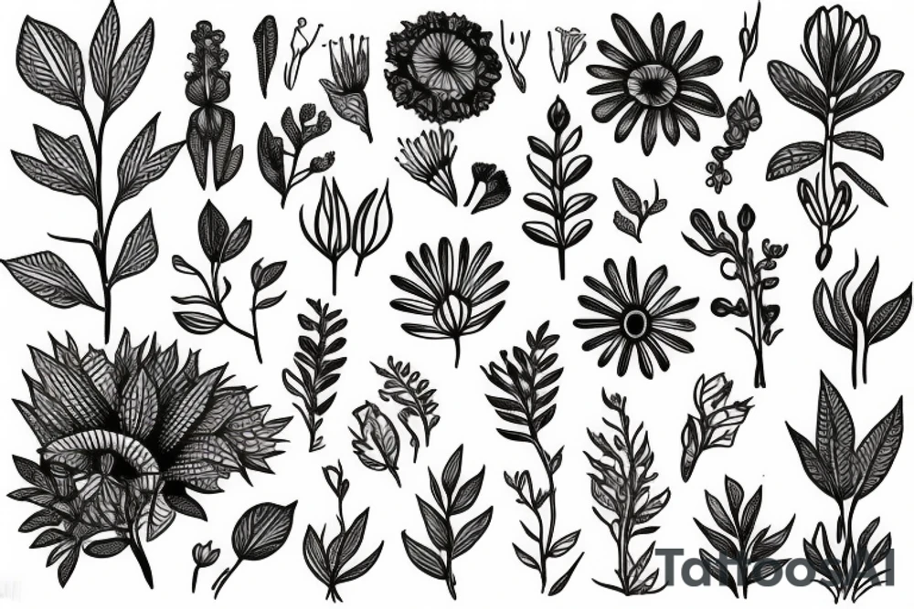 eywa, flowers, plants, trees, botanical, fine line tattoo idea