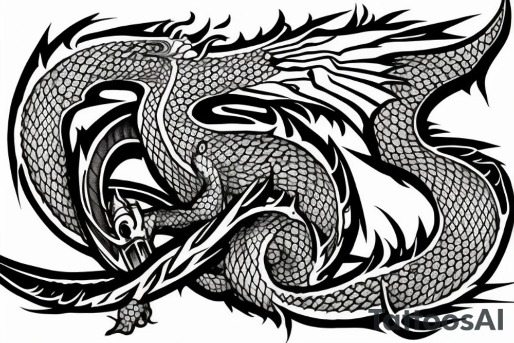 Dragon Wrapped around a Sword Breathing Fire, Eldritch, Arcane tattoo idea