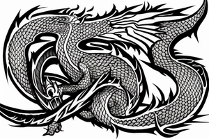 Dragon Wrapped around a Sword Breathing Fire, Eldritch, Arcane tattoo idea