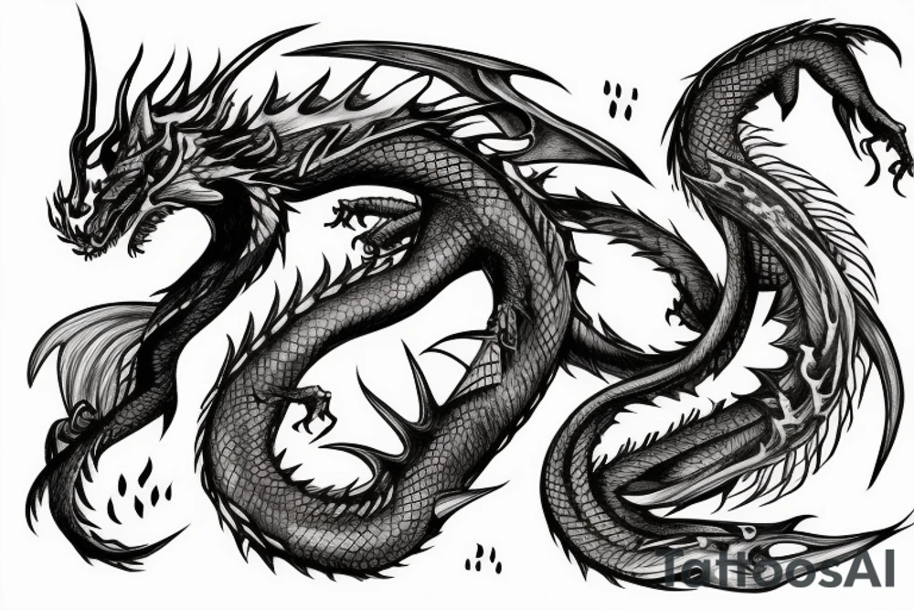 Dragon Wrapped around a Sword Breathing Fire, Eldritch, Arcane tattoo idea