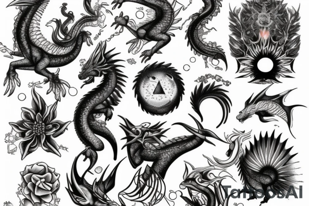Nature, animals, crystals, fantasy, dragons, tress, flowers, pisces tattoo idea
