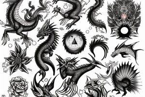 Nature, animals, crystals, fantasy, dragons, tress, flowers, pisces tattoo idea