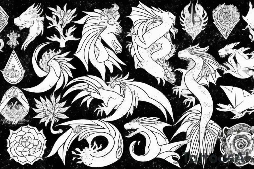 Nature, animals, crystals, fantasy, dragons, tress, flowers, pisces tattoo idea