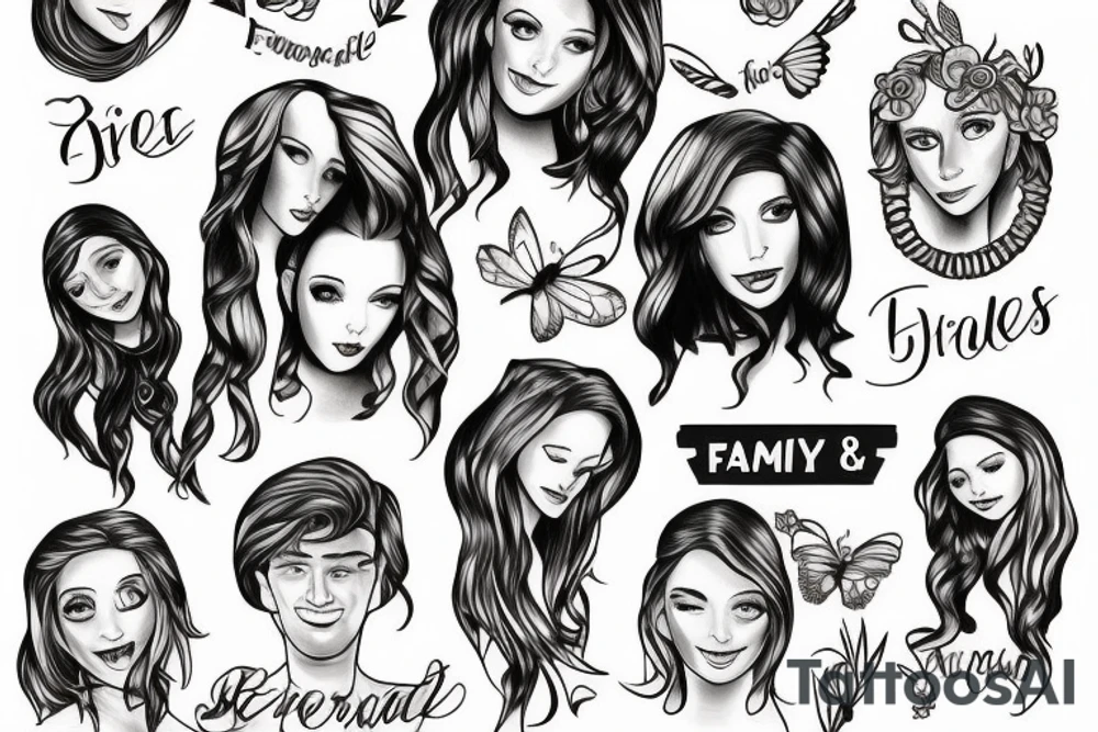 Friends series with some family members: husband and two daughters tattoo idea