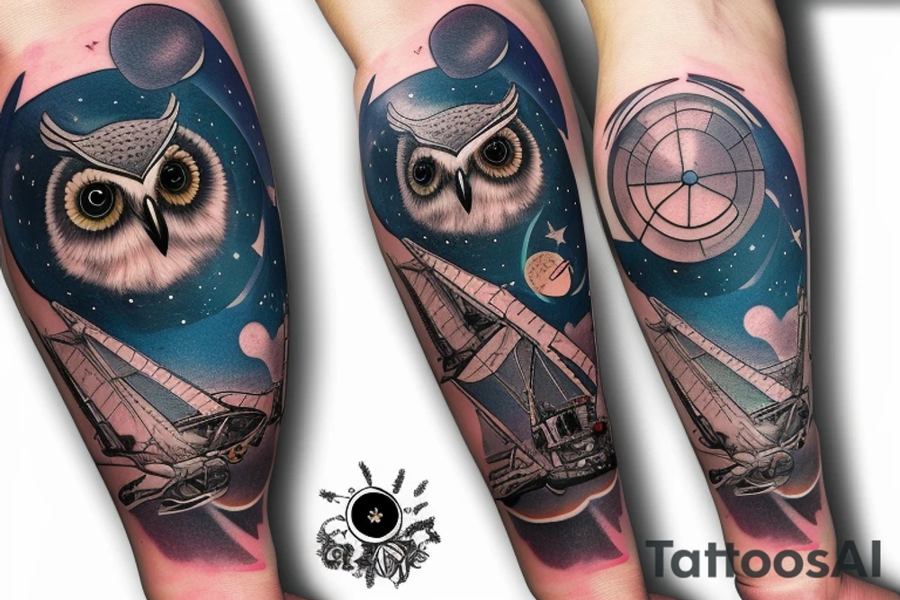 I would like to mix some space objects with owl and shipyard crane. tattoo idea