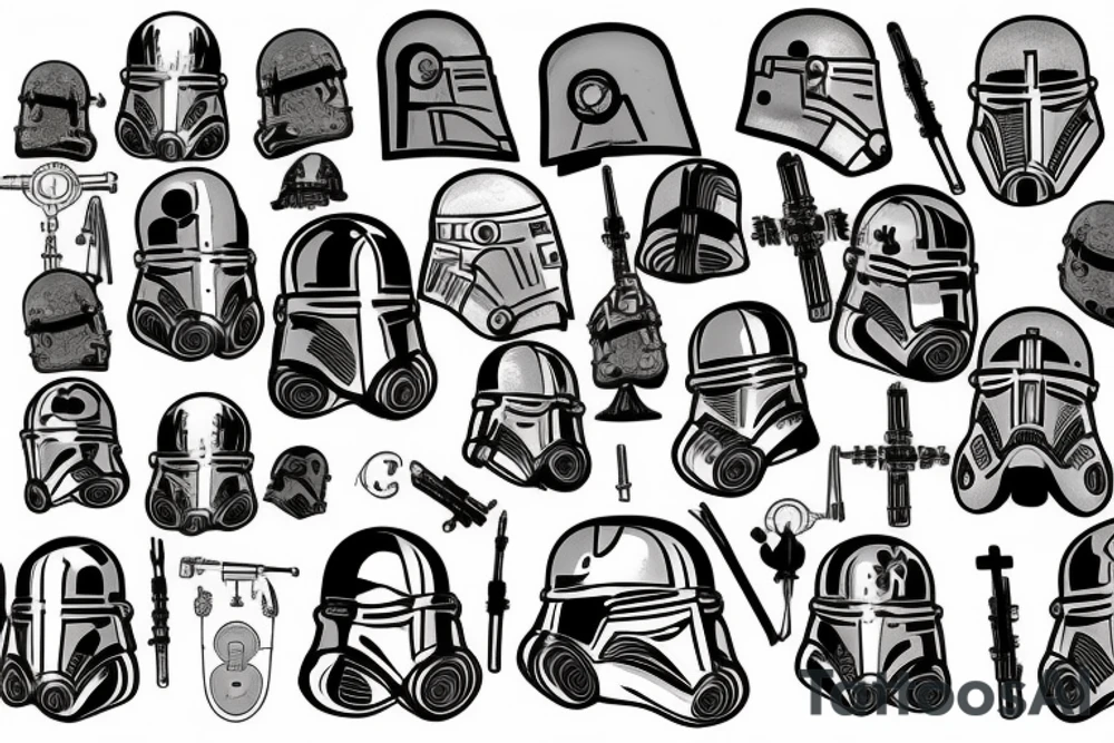 tomb of the 501st clone batalion with the helmets of fives, rex, jesse, heavy, echo and taps tattoo idea