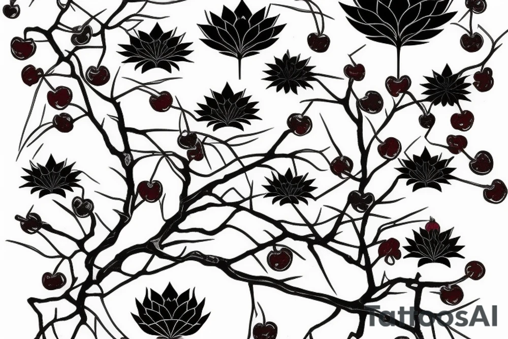 Cherry tree with long branches growing out of a black lotus tattoo idea