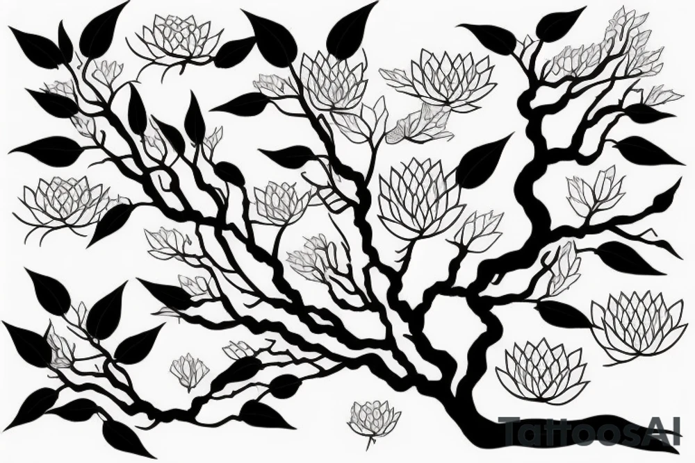 Cherry tree with long branches growing out of a black lotus tattoo idea