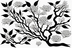 Cherry tree with long branches growing out of a black lotus tattoo idea