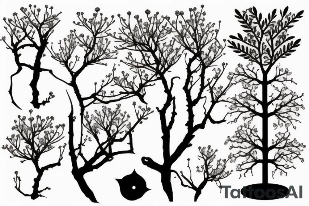 Cherry tree with long branches growing out of a black lotus tattoo idea