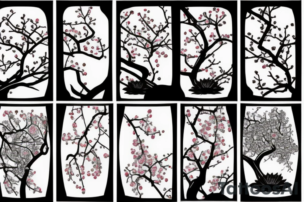 Cherry tree with long branches growing out of a black lotus tattoo idea