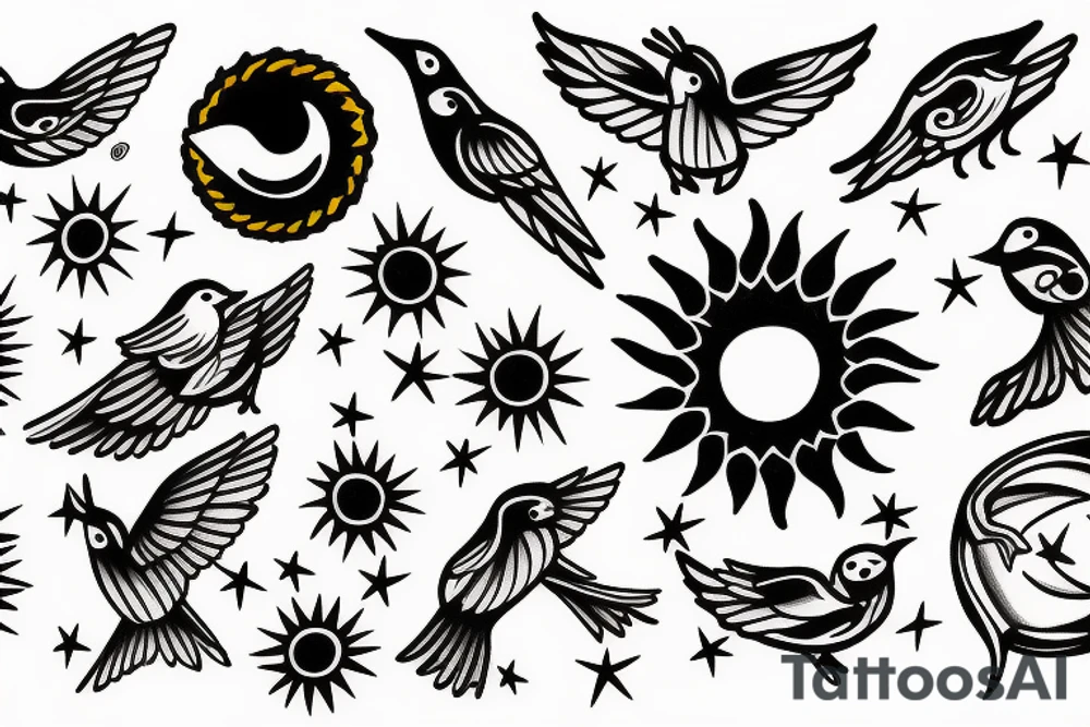 Birds become sun and stars tattoo idea