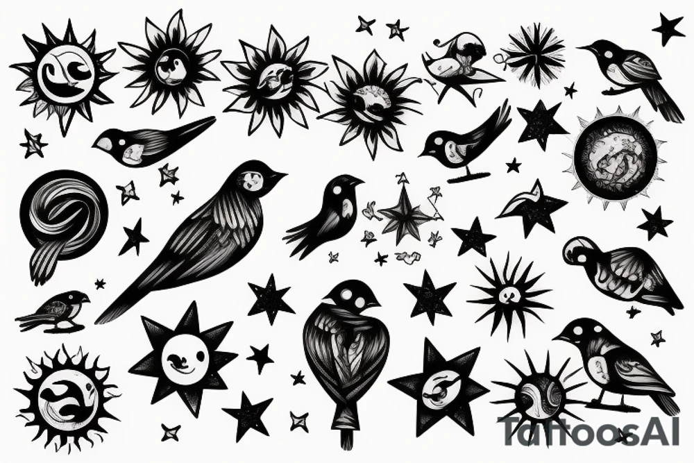 Birds become sun and stars tattoo idea