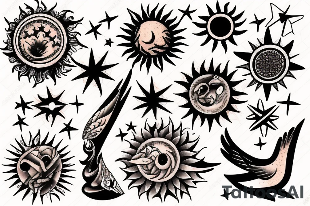 Birds become sun and stars tattoo idea