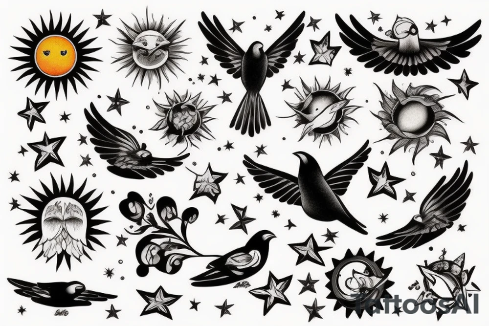 Birds become sun and stars tattoo idea