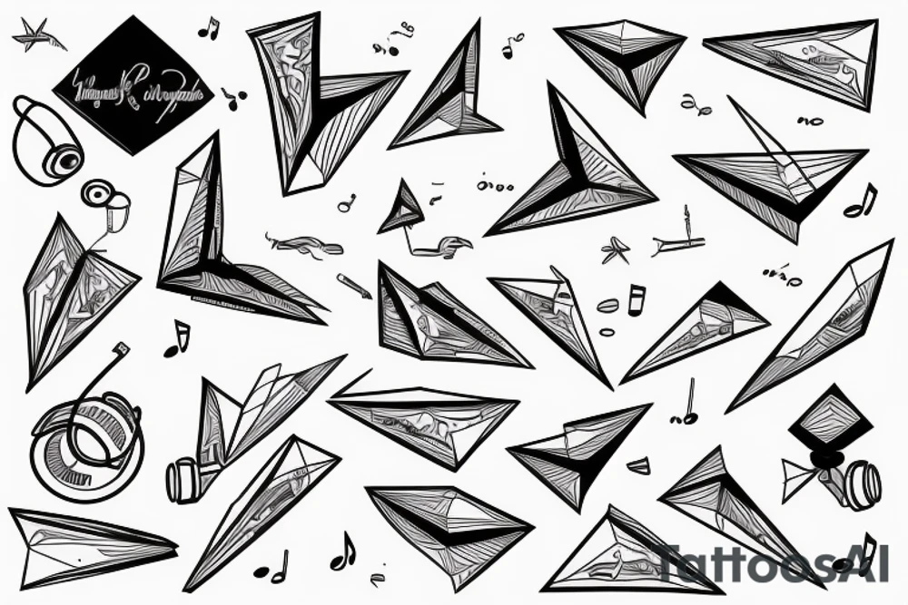 Book, paper planes and music notes tattoo idea