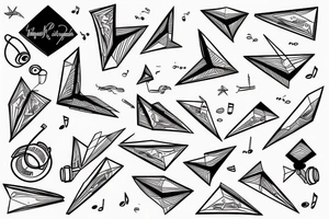 Book, paper planes and music notes tattoo idea