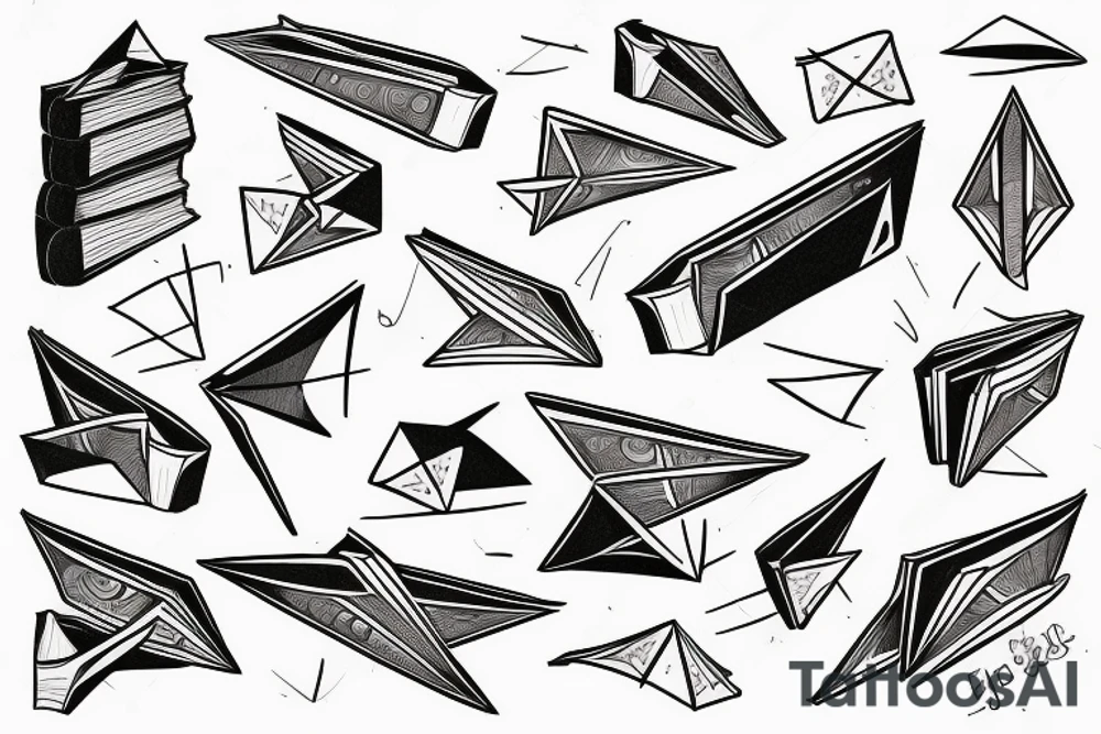 Book, paper planes and music notes tattoo idea