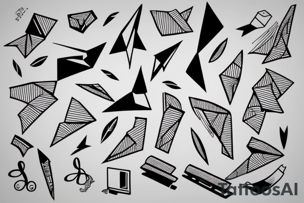Book, paper planes and music notes tattoo idea