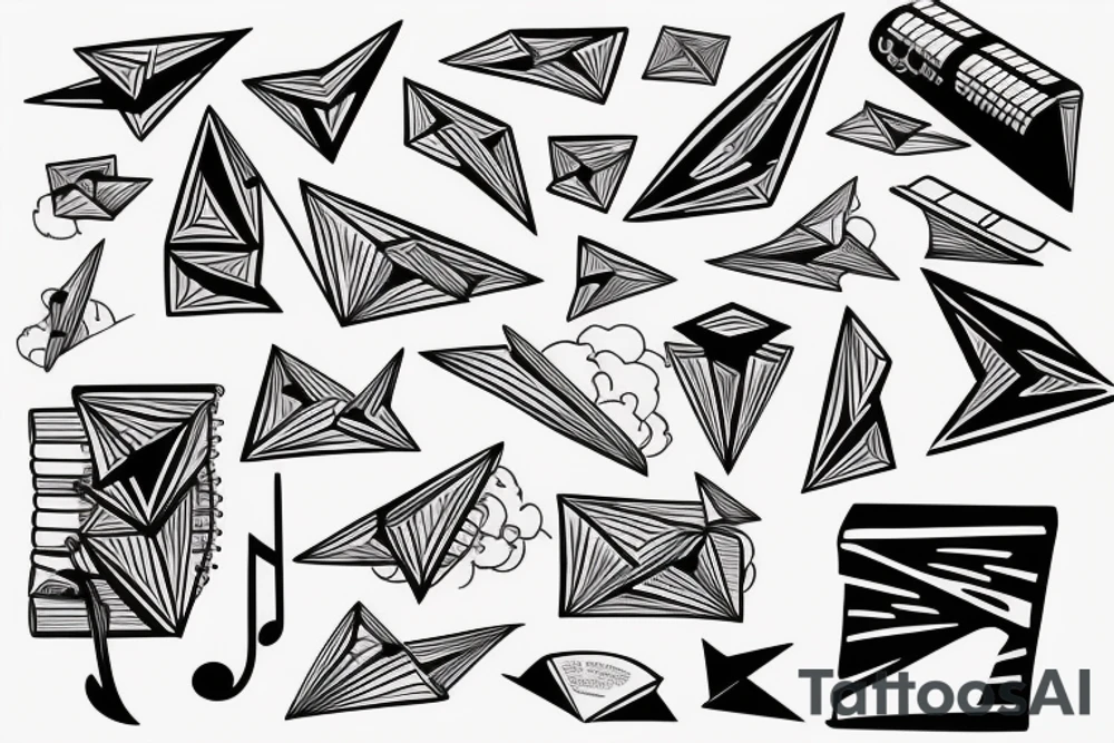 Book, paper planes and music notes tattoo idea