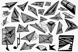 Book, paper planes and music notes tattoo idea