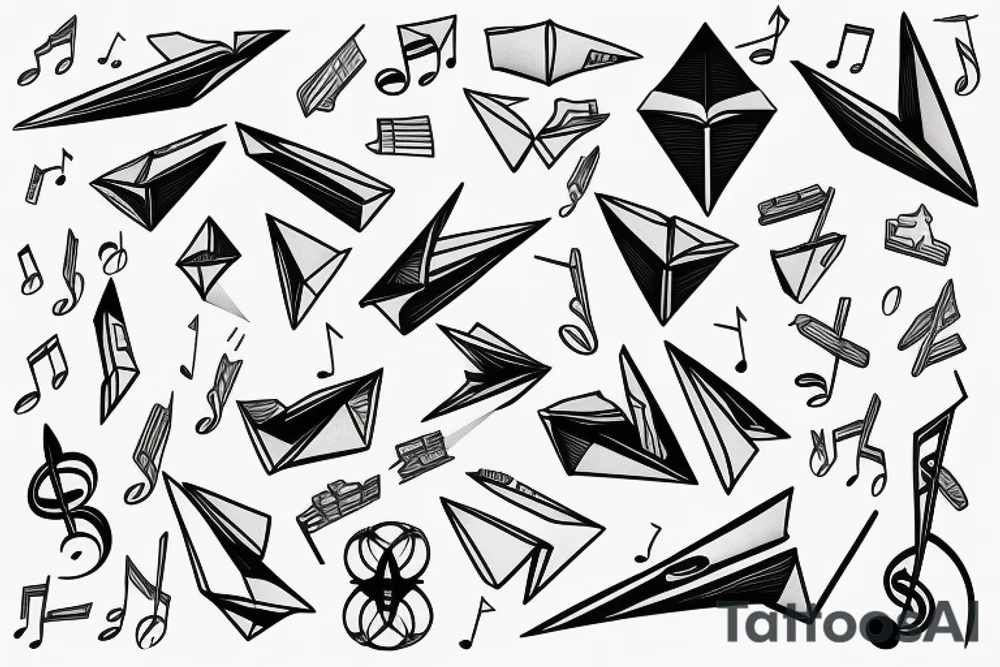 Book, paper planes and music notes tattoo idea