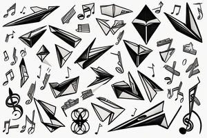 Book, paper planes and music notes tattoo idea
