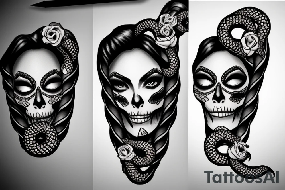 pretty girls face with skulls, snakes and diamond background tattoo idea