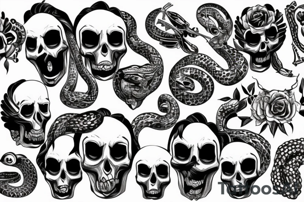 pretty girls face with skulls, snakes and diamond background tattoo idea