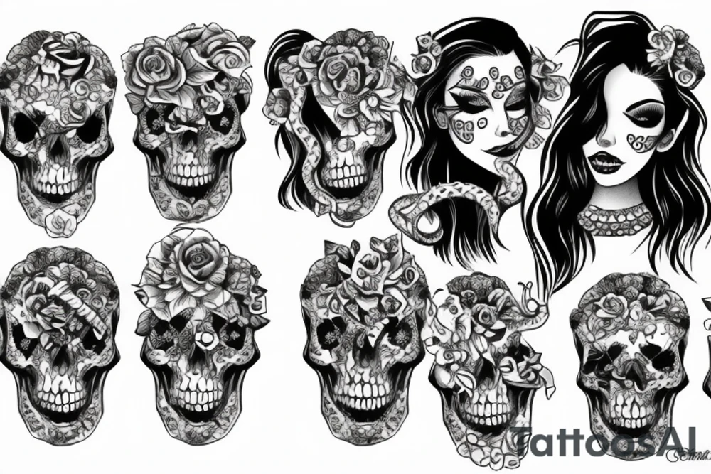 pretty girls face with skulls, snakes and diamond background tattoo idea