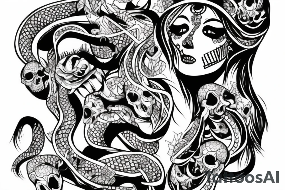 pretty girls face with skulls, snakes and diamond background tattoo idea