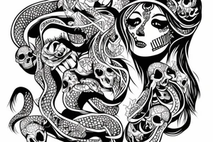 pretty girls face with skulls, snakes and diamond background tattoo idea