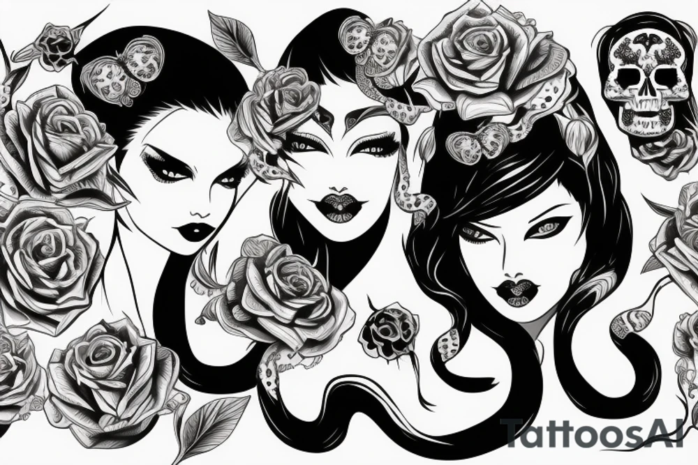 beautiful girls face, diamond background, skulls, snakes tattoo idea