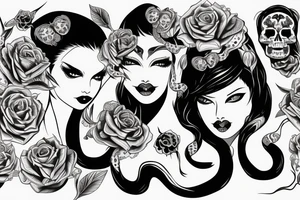 beautiful girls face, diamond background, skulls, snakes tattoo idea