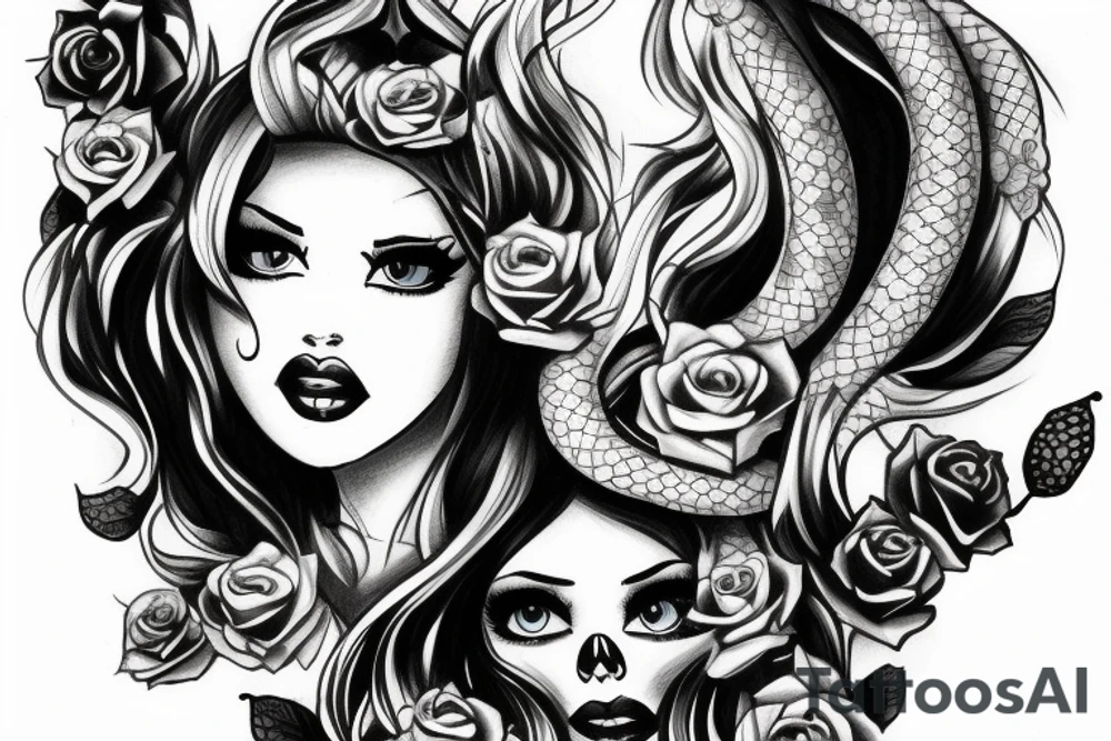 beautiful girls face, diamond background, skulls, snakes tattoo idea