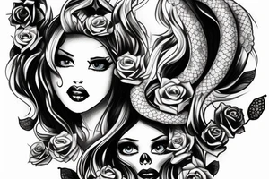 beautiful girls face, diamond background, skulls, snakes tattoo idea