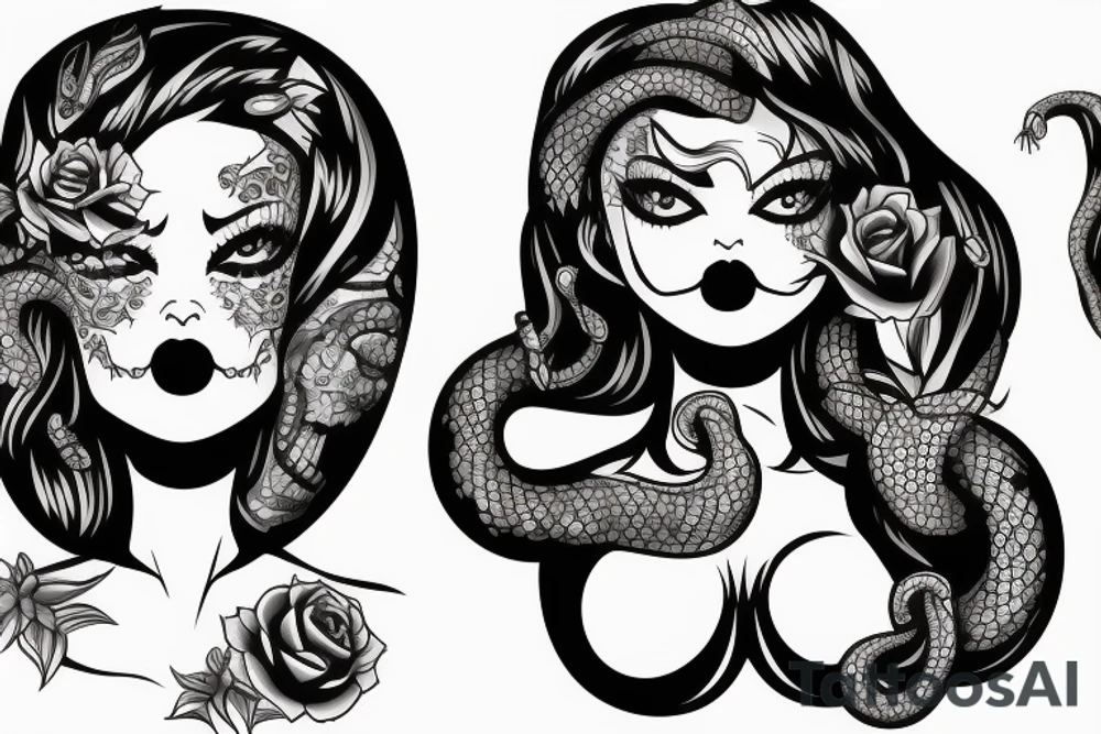 beautiful girls face, diamond background, skulls, snakes tattoo idea