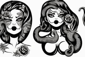 beautiful girls face, diamond background, skulls, snakes tattoo idea
