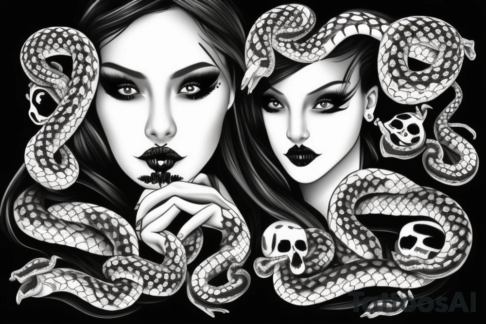beautiful girls face, diamond background, skulls, snakes tattoo idea